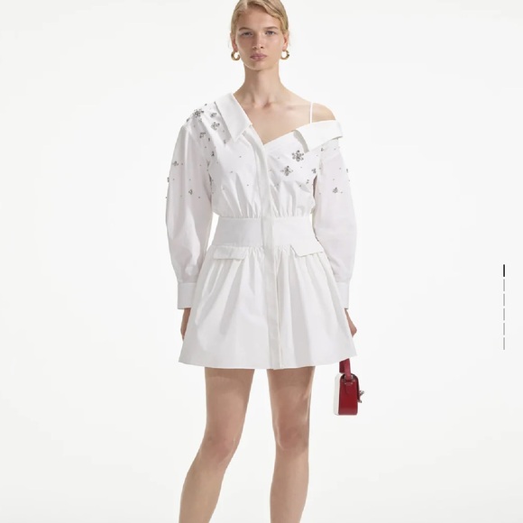 Self-Portrait White Cotton Embellished Mini Dress - Picture 1 of 11